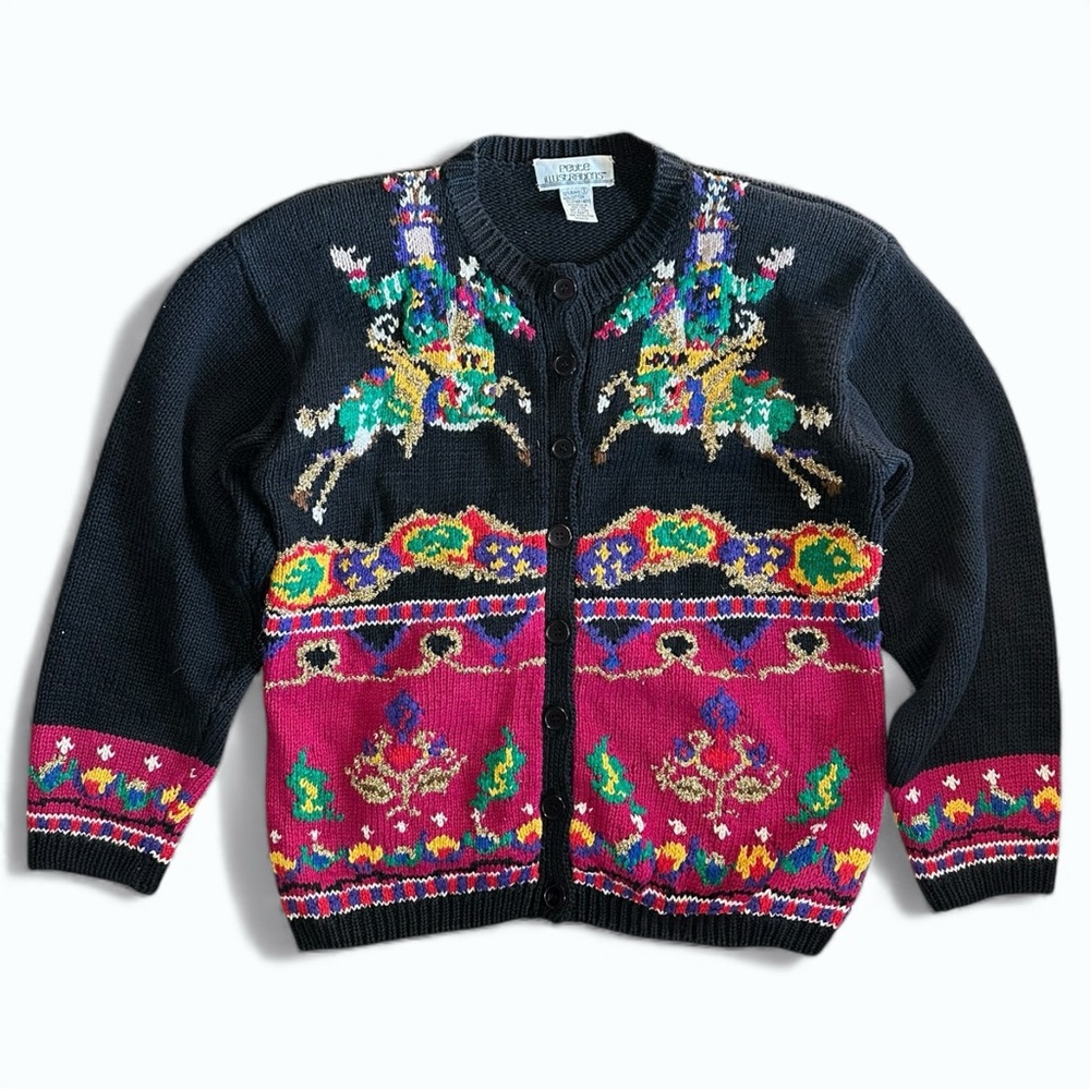 Vintage 80s/90s Petite Illustrations Folk Knit Cardigan Sweater Size S